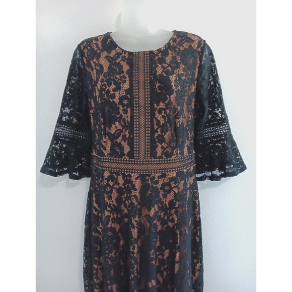 BOHO Maxi Dress Womens Large Black Lace over Beige‎ Bell Sleeve Coastal Romantic - Picture 2 of 11